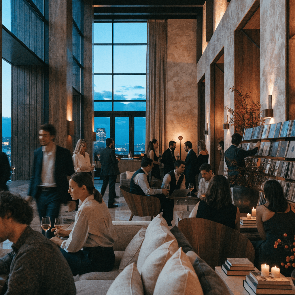 Guests mingling beside a record wall in a warmly lit lounge